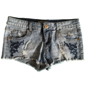 Retro Mossimo Supply Co. Blue Jean Shorts with Distressed Floral Embroidery